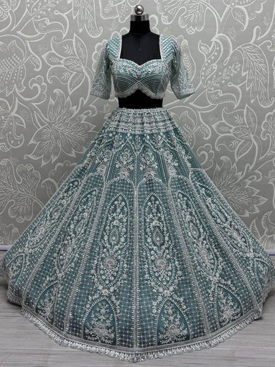 Spectacular Sky Blue Pearl Work Net Bridesmaid Lehenga Choli - Ethnic Plus In